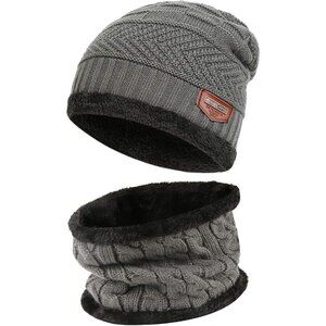🆕 Men Grey Fleece Lined Winter Cap Beanie Scarf Set Knit Neck Warmer Nice Hat